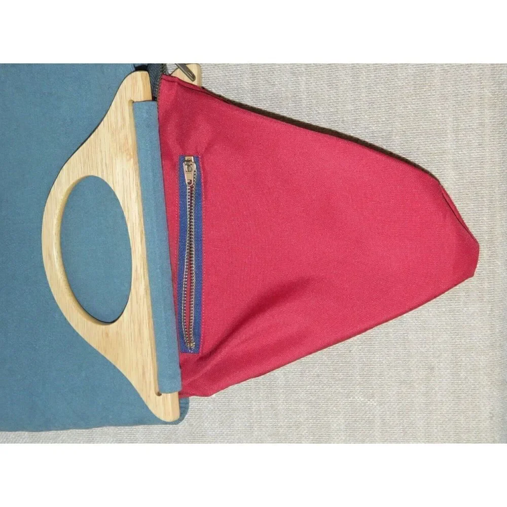 Vintage Blue Green Purse Wood Handles Pink Green‎ Floral Embroidery